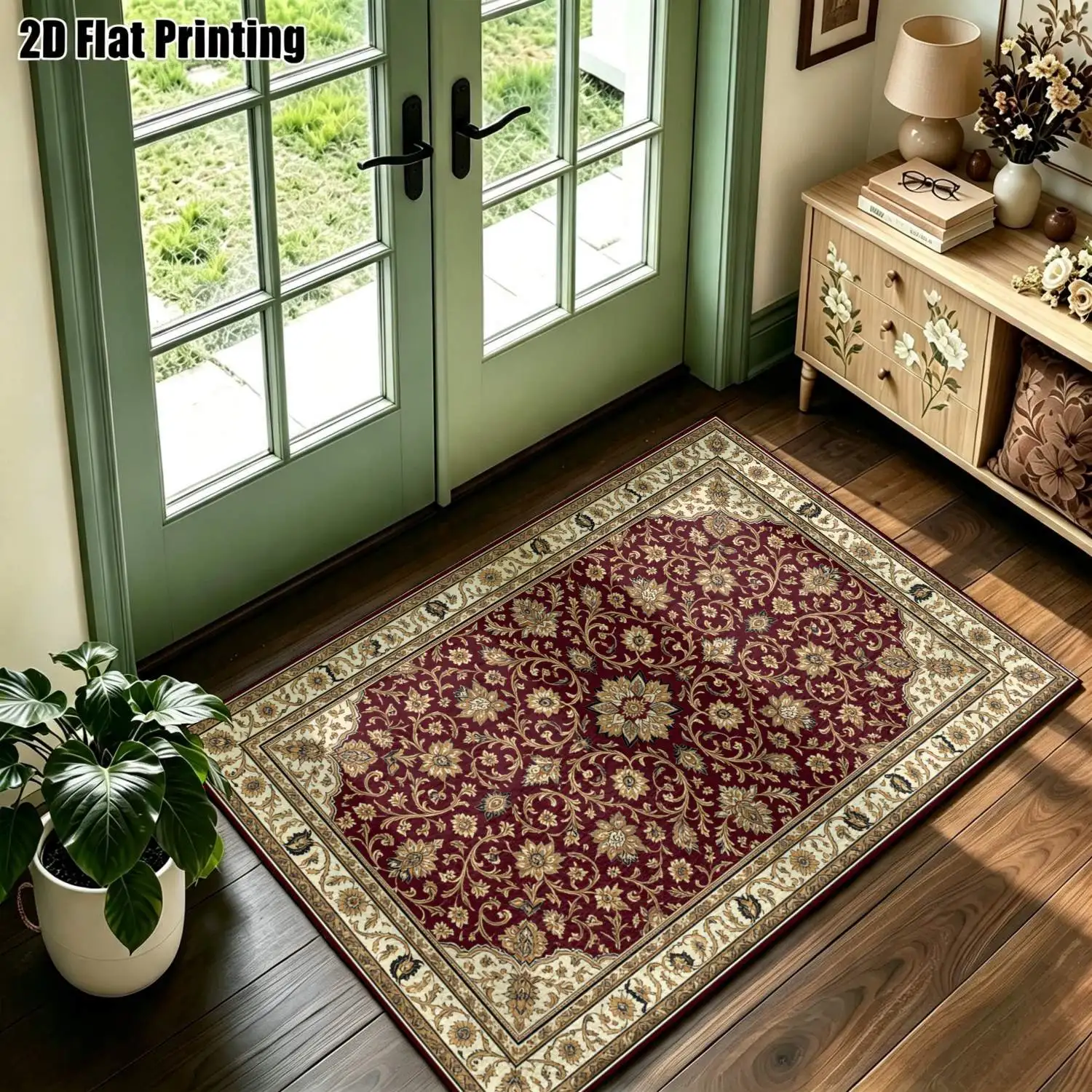 1Pc 2D Printed Retro Bohemian Ethnic Floral Carpet: Fits European/Bohemian Decor, Multi-Size, Machine Washable, for Entryway, Dining Room, Foyer, Bedroom, Living Room, Study