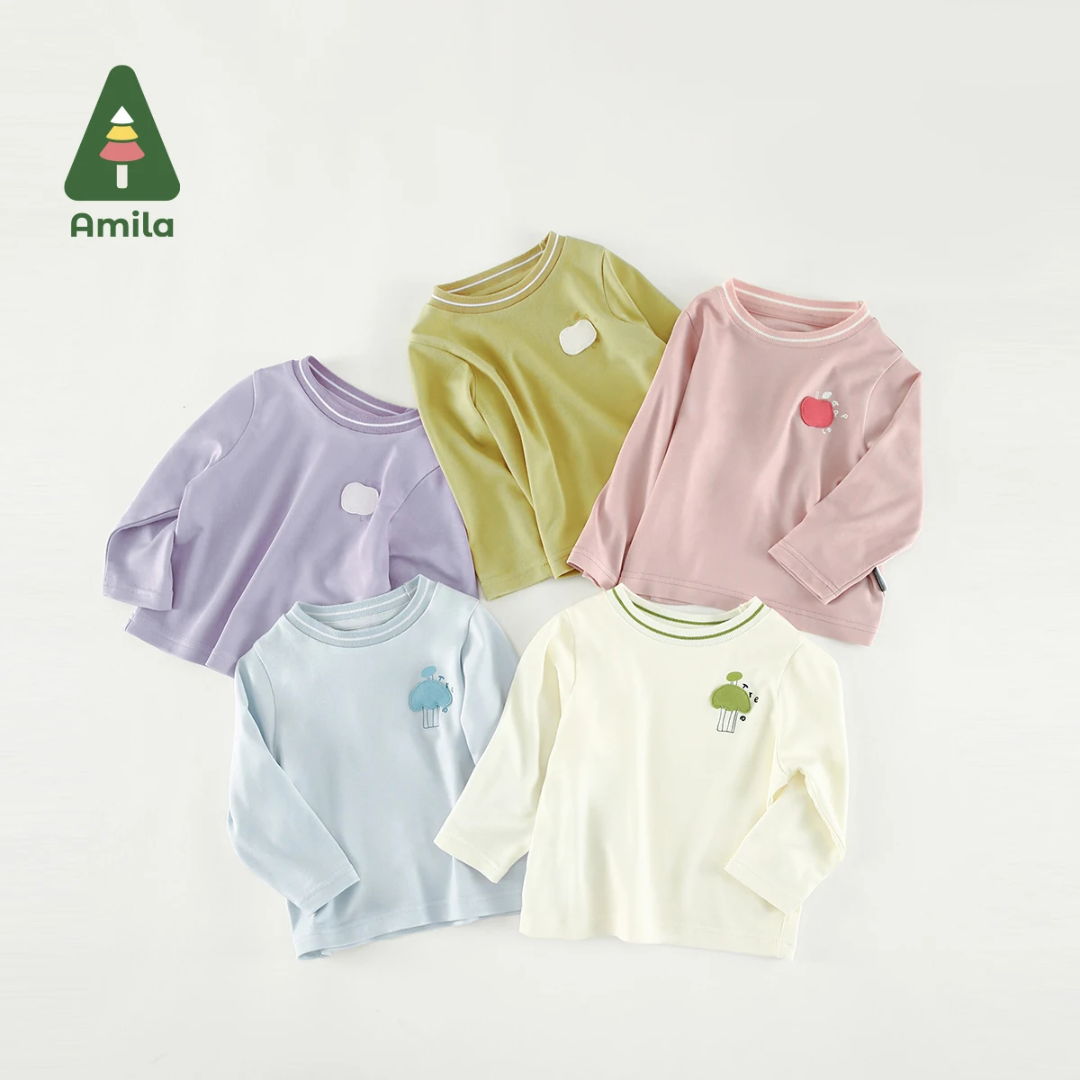 Amila Baby T-shirt 2023 Spring New Girls Boys Long Sleeves Soft Underwear Candy Color Round Neck Casual Pullover Children Tops