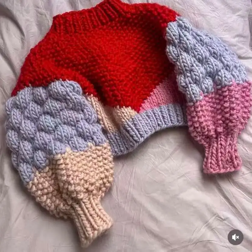 Autumn Lazy Style Bubble Sleeve Pattern Lazy Round Neck Color blocked Striped Wool Handmade Knitted Sweater New Style