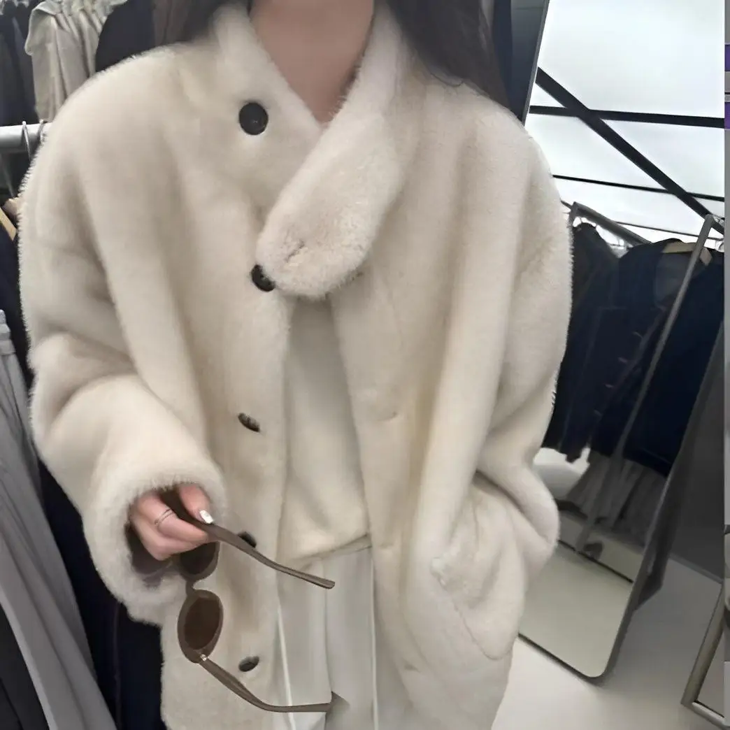 Faux Fur Elegant Coats Womens Vintage Fluffy Evening Mother Harajuku Hip Length Dark Placket Feminine Mink Crystal Patch Elastic