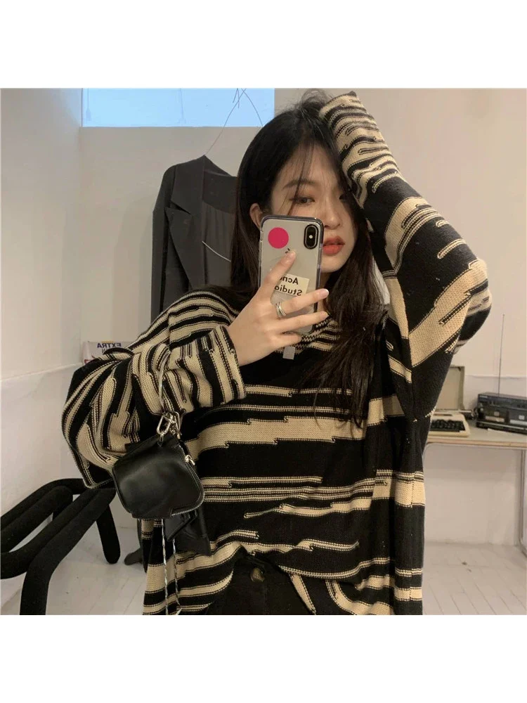 

Pullovers Women Striped Fashion Loose Warm Baggy Korean Style Retro Autumn Soft Cozy Chic Casual All-match Popular Young In