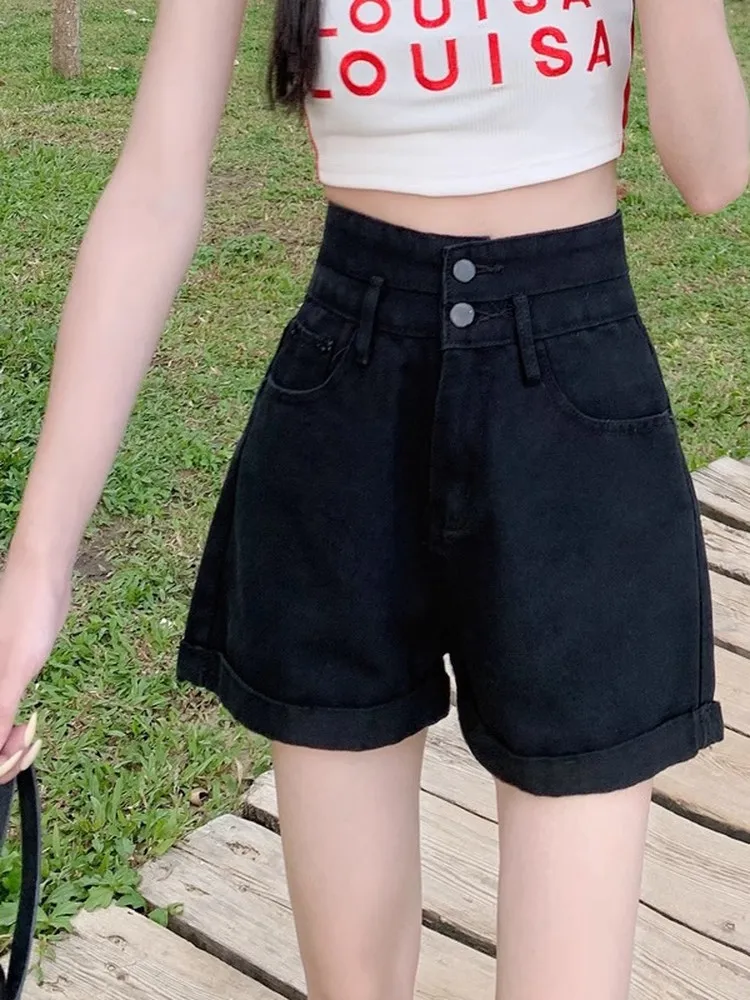 

American Style Hot Girl High Waist Wide Leg Denim Shorts Women's Summer Loose Slimming Versatile Minimalist A-Line Hot Pants