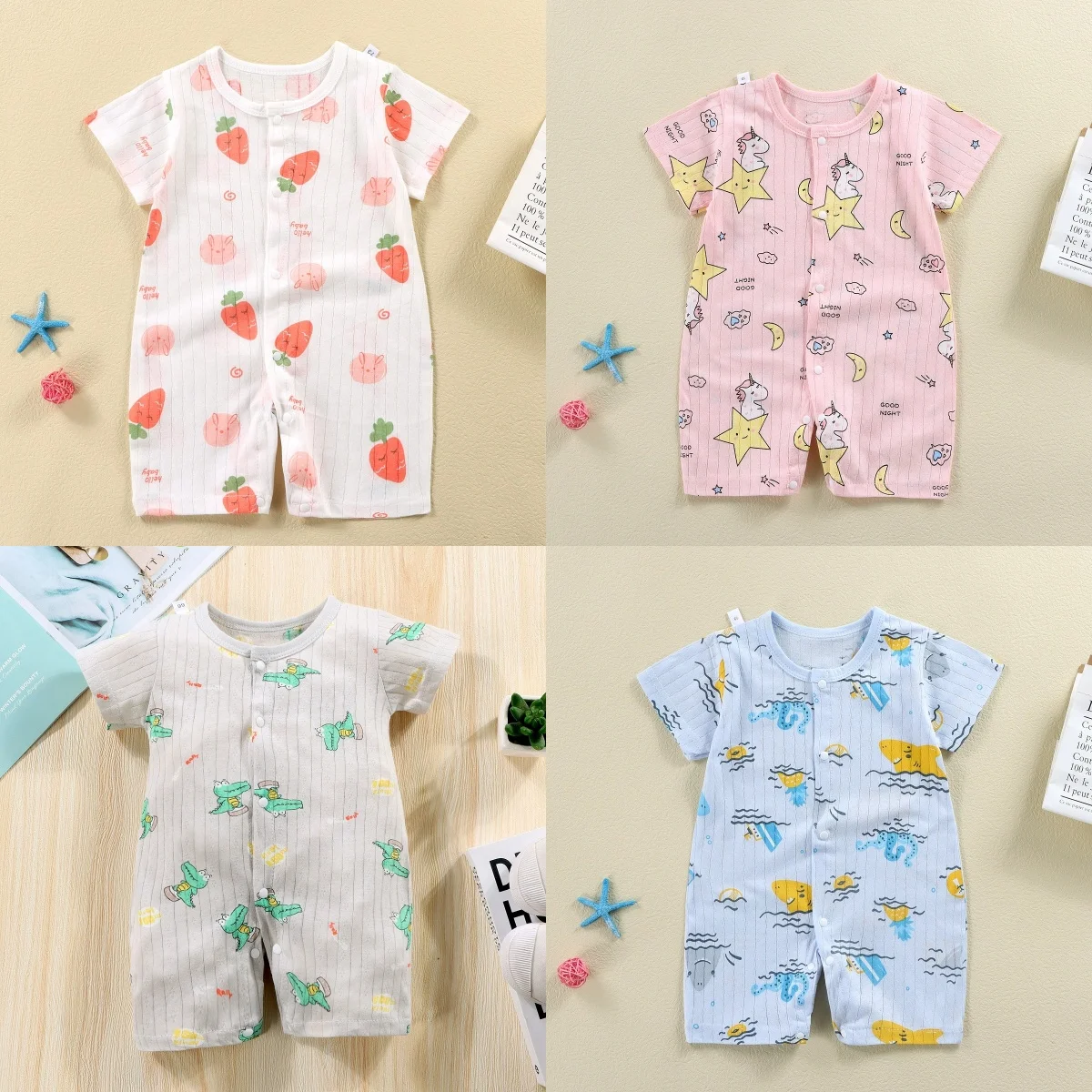 

Baby Cartoon Print Short Sleeve Romper, Newborn Infant Cotton Jumpsuit with Carrot/Dinosaur/Fish Patterns Baby Onesie for Summer