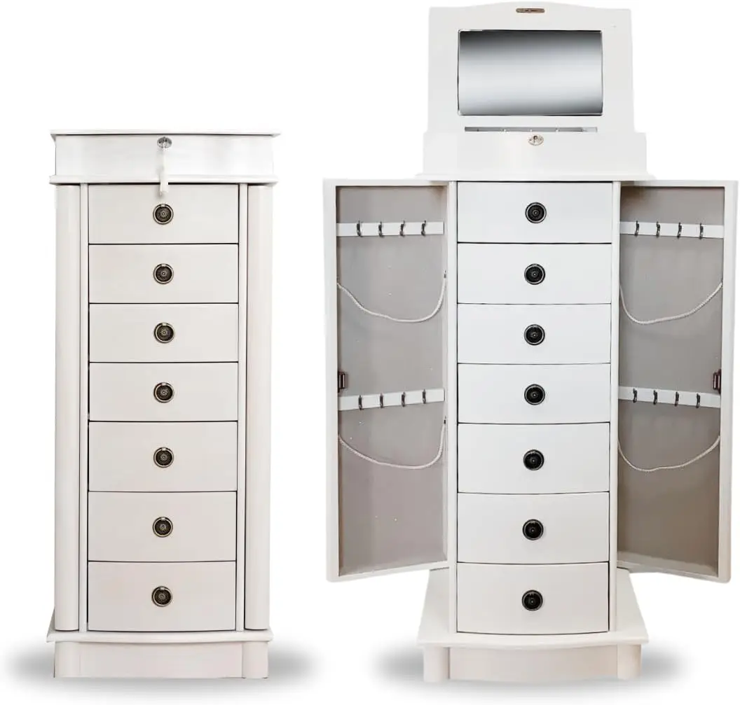 

Standing Jewelry Armoire Cabinet Locking Jewelry Storage Organizer with Top Flip Mirror 7 Drawers Jewelry Chest Armoire White