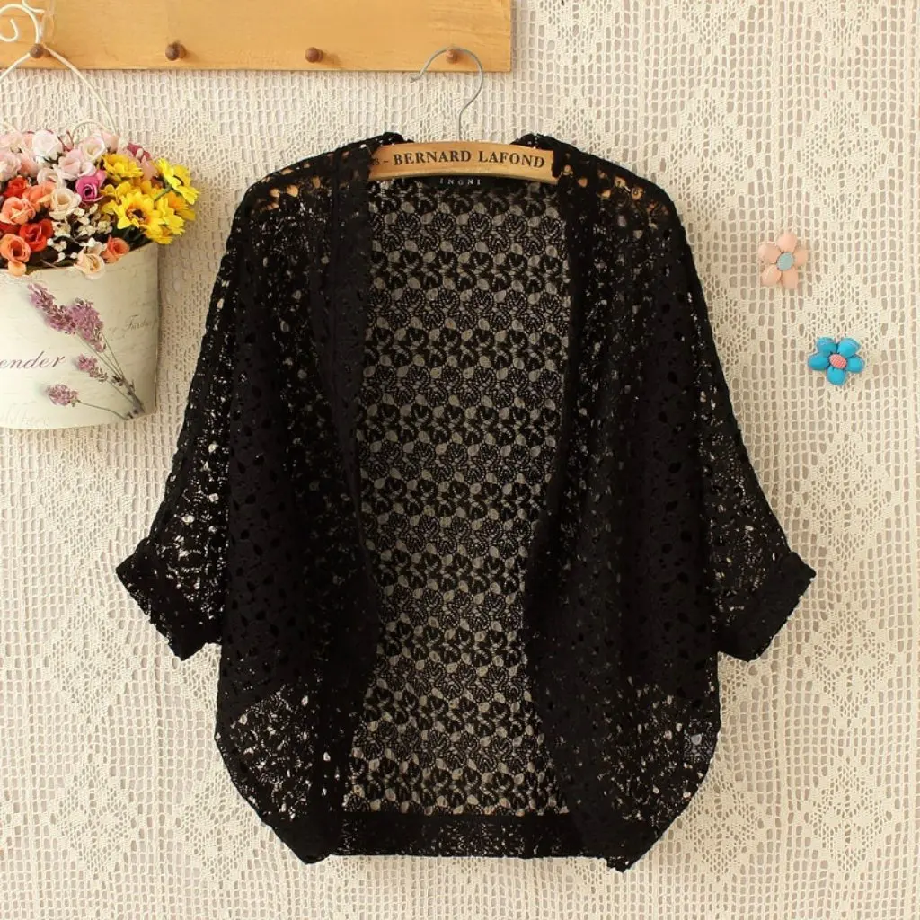 

Women's Summer Crochet Cardigan Hollow Design Thin Knitted Short-Sleeved Mid-Length Air Conditioning Shirt
