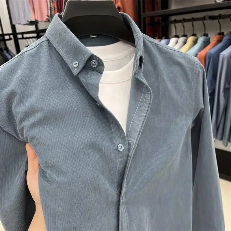 

Men's Corduroy Shirt Long Sleeve Workwear Standard Fit Warm Color American Style Fashionable Youth Polyester Spring Autumn