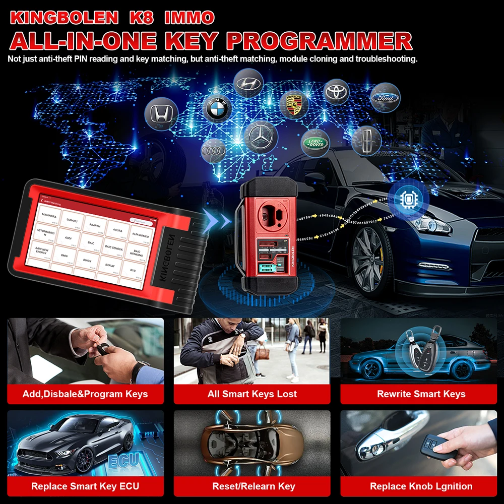 KINGBOLEN K8 IMMO Full System Diagnostics Tool Key Programming 24 Resets ECU Coding Active Test OBD2 Scanner 2 Years Free Update