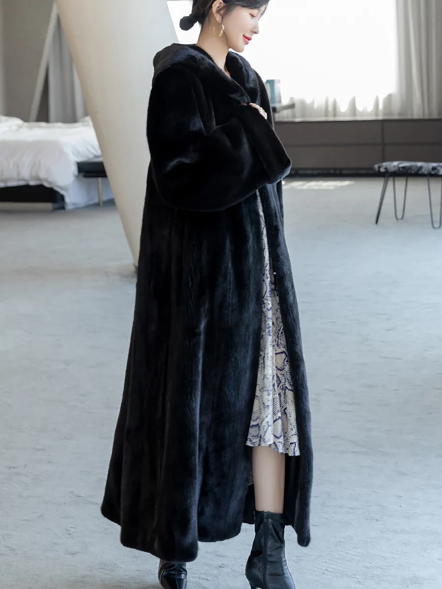 Autumn Winter Long Luxury Elegant Thick Warm Fluffy Soft Faux Mink Fur Coat Women with Hood Loose Furry Overcoat 2025
