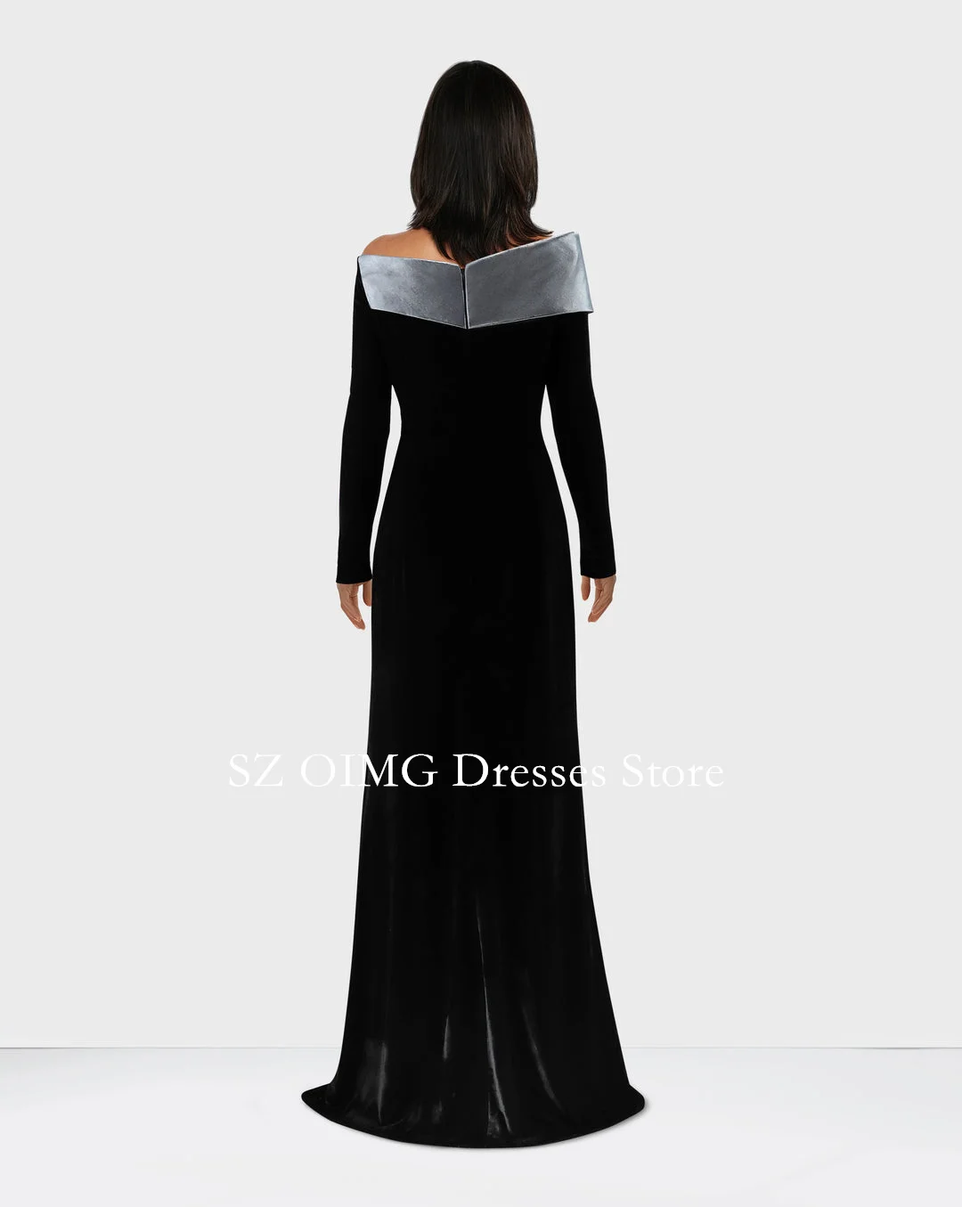 OIMG 2024 New Women\'s Maxi Crepe Satin Customized Prom Dress BLACK COLUMN DRESS WITH SILVER STRUCTURED COLLAR Party Dress