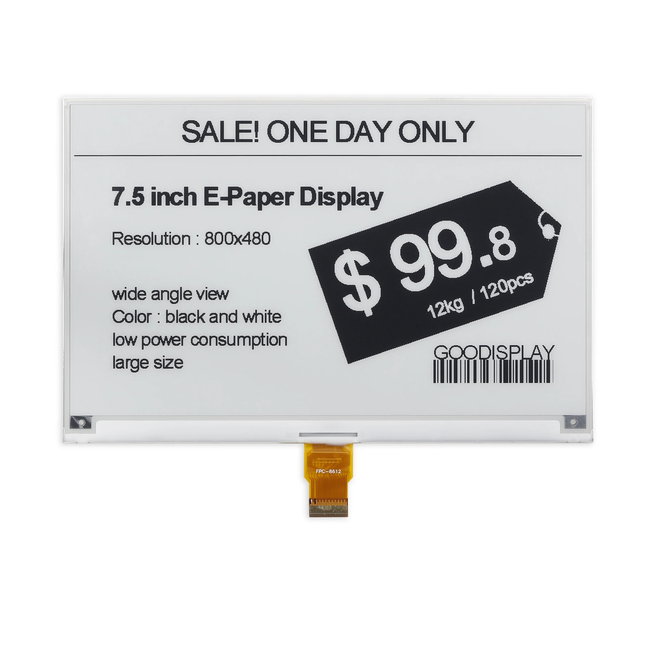 7.5 inch Electronic Paper Ink Screen 800x480 Resolution Black And White EPD E-Paper UC8179 Driver SPI Interface 24Pin