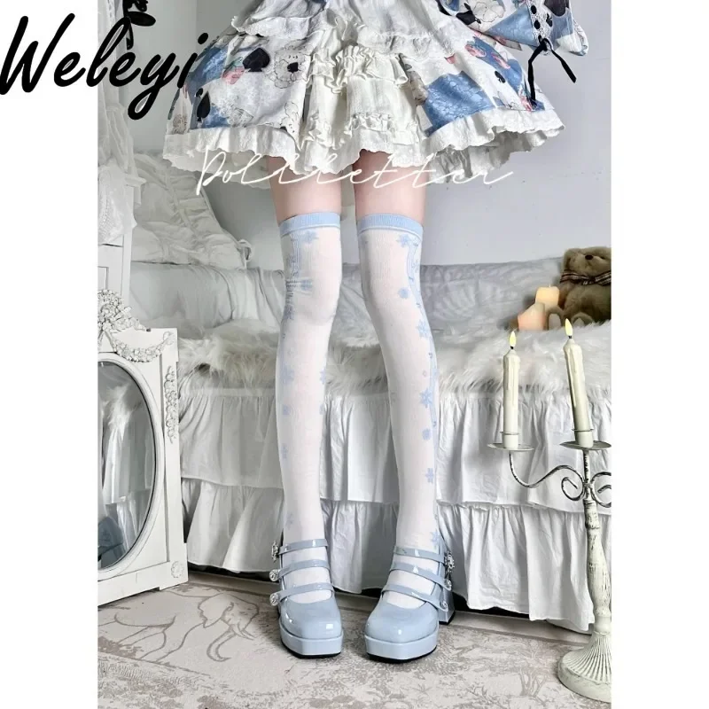 

Lolita Blue Snowflake Cotton Long Stockings American Fashion Womans Autumn and Winter Cute Versatile Jirai Kei Knee High Socks