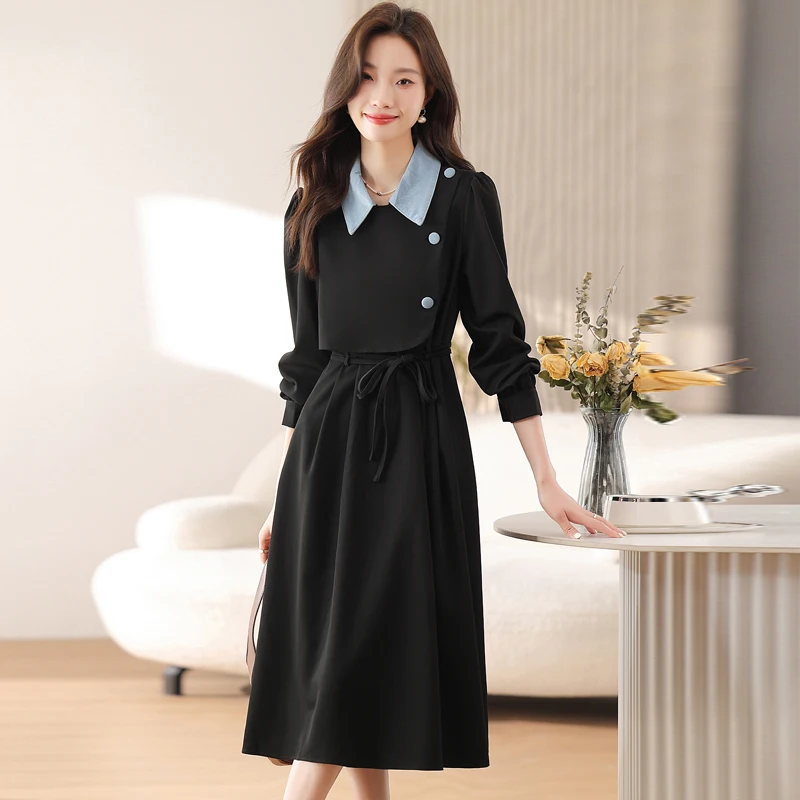 Vestidos de Verano para Mujer, Vestidos Nuevos y Únicos de Manga Larga con Cuello de Solapa, Vestido con Cordones en Línea A para Mujer Q6347
