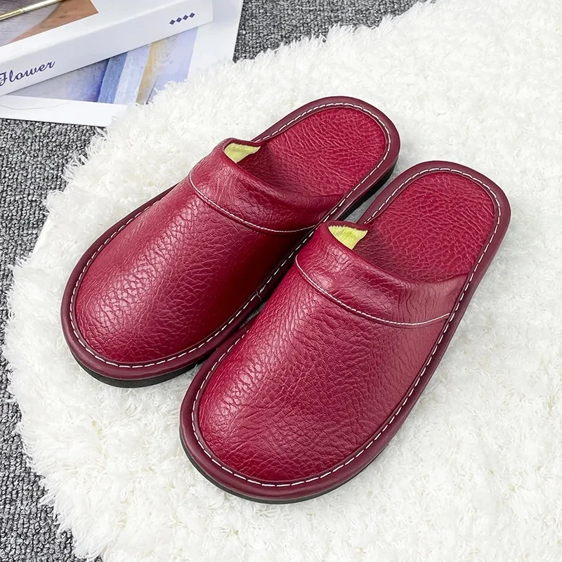 Black Home Leather Slippers Men\'s Indoor Flats Waterproof Autumn Lovers Shoes Classic House Couples Soft Leather Slippers