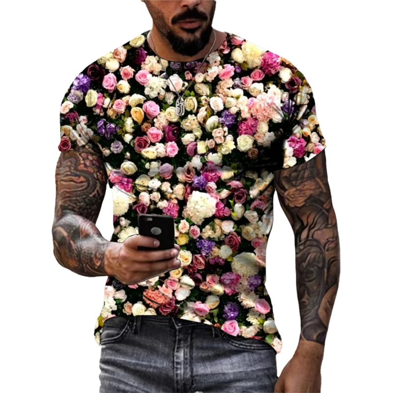 Fashion Beautiful Personality Plant Flowers Unisex T-shirts Summer 3D Street Style Trend Men Round Neck Short Sleeve Print Tees