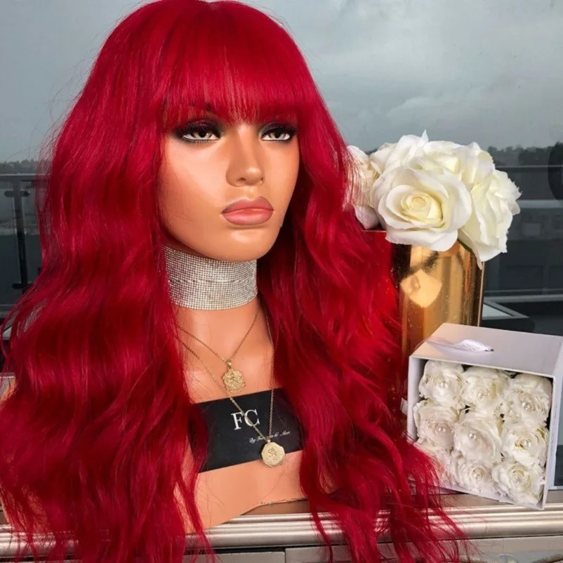 Red big wavy bangs wigs head covers long curls chemical fibers high temperature silk