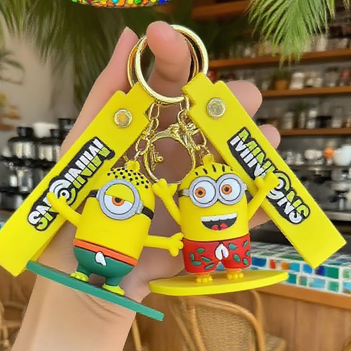 

2-6PSC Minion Keyring Hawaiian Surfboard Swim Trunks Design Minion 3D Pop-Up Pendant Portable Accessory Key Fob