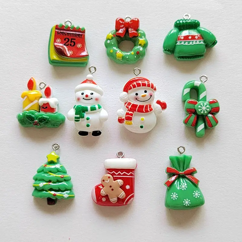 10PCS Christmas Themed Kawaii Gift Jacket Snowman Candle Bag DIY Resin Necklace Pendant Earrings Bracelet Decorative Accessories