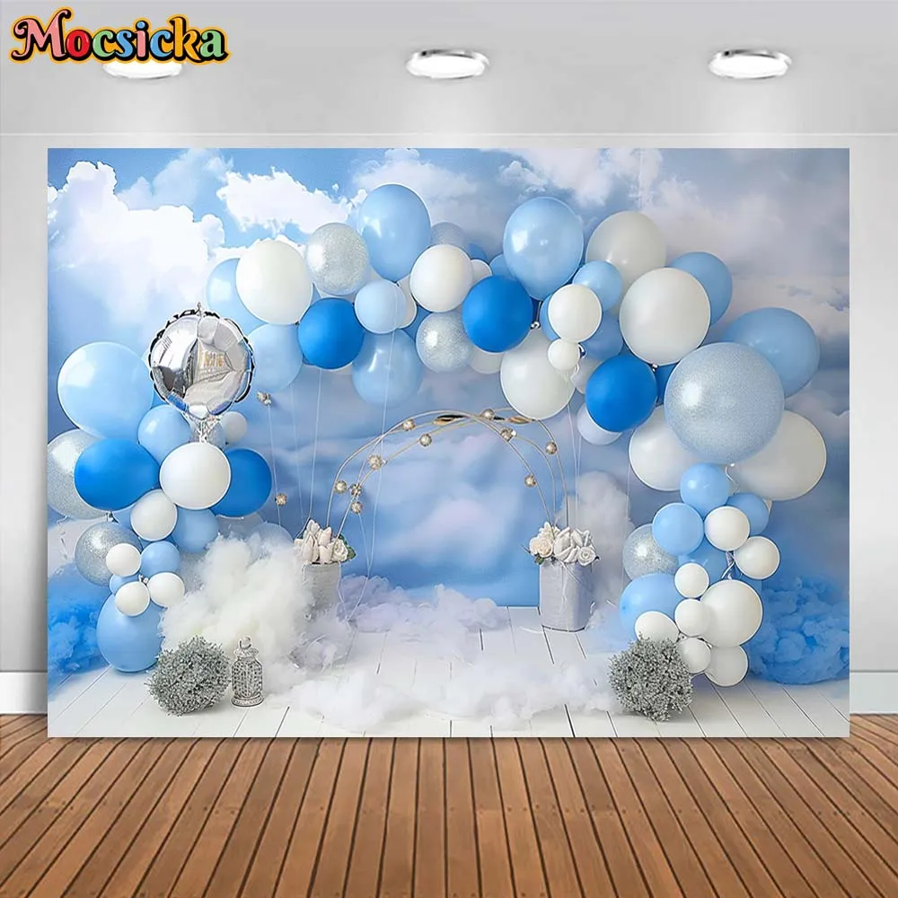 Mocsicka Blue Sky White Clouds Backdrop Blue And White Arched Balloons Boy 1st Birthday Cake Smash Photography Backgrounds Props