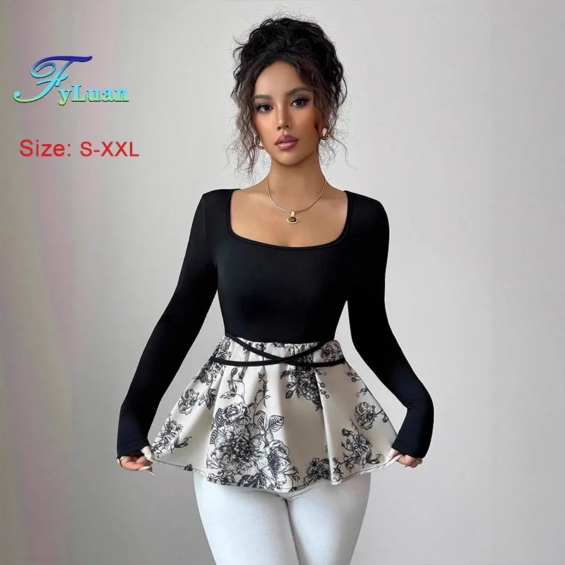 

Осень 2024, новая женская футболка, черный квадратный воротник, утягивающие топы, нишевый дизайн, юбка с цветочным принтом, модный универсальный пуловер на шнуровке, топ