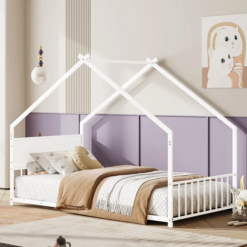 

Twin Size House Bed with Roof and Colorful Lights, Metal Bed Frame with Slats and Legs, House Bed for Boy, Girls and Young Te