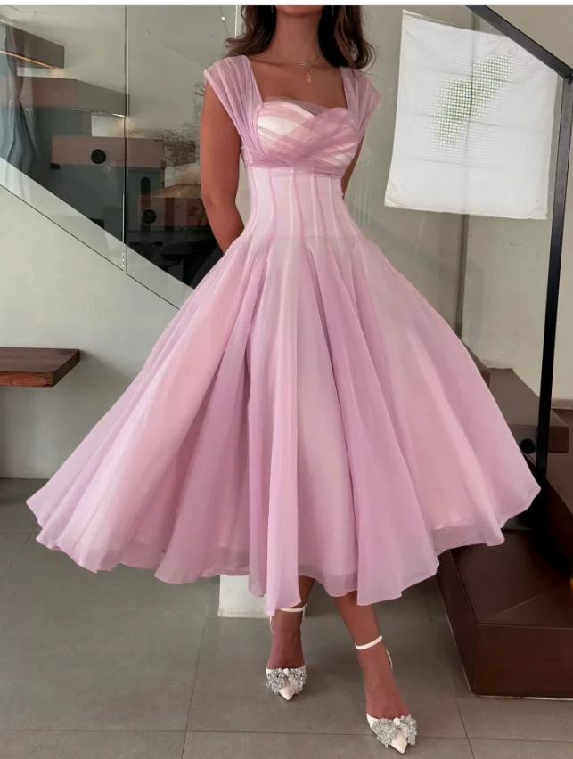 Women's Formal Tulle Square Neck Corset Dress - close-up view
