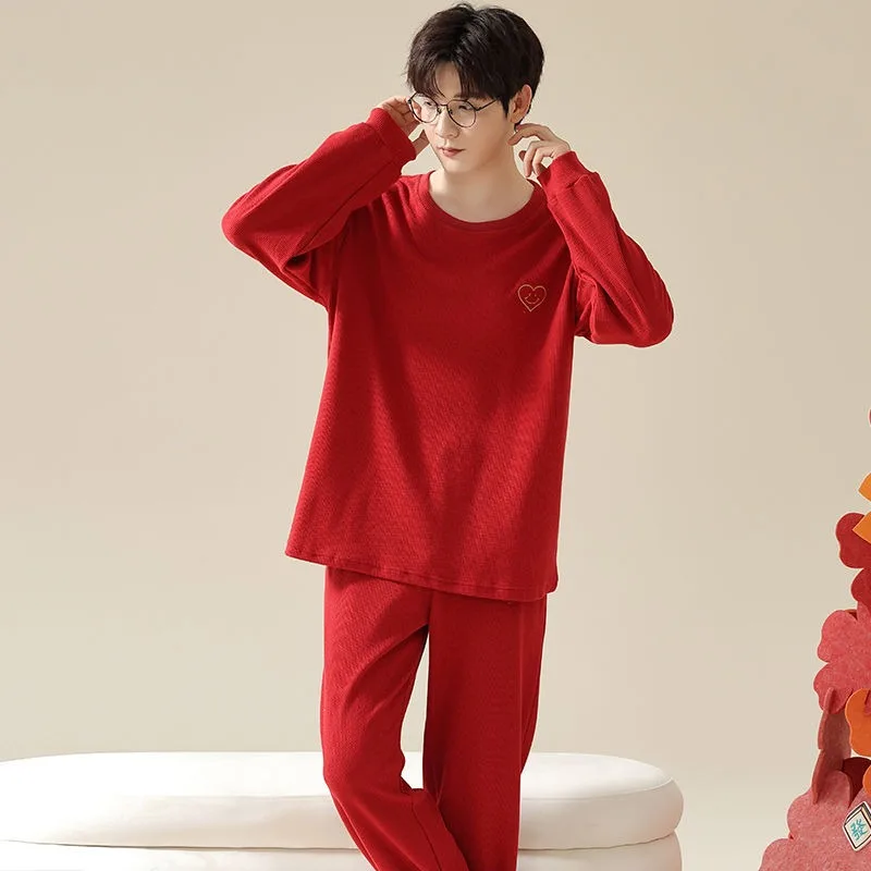 2024  latest spring autumn pajamas Men bridal red sleepwear Comfortable loose nightdress loose round neck Waffle home wear set