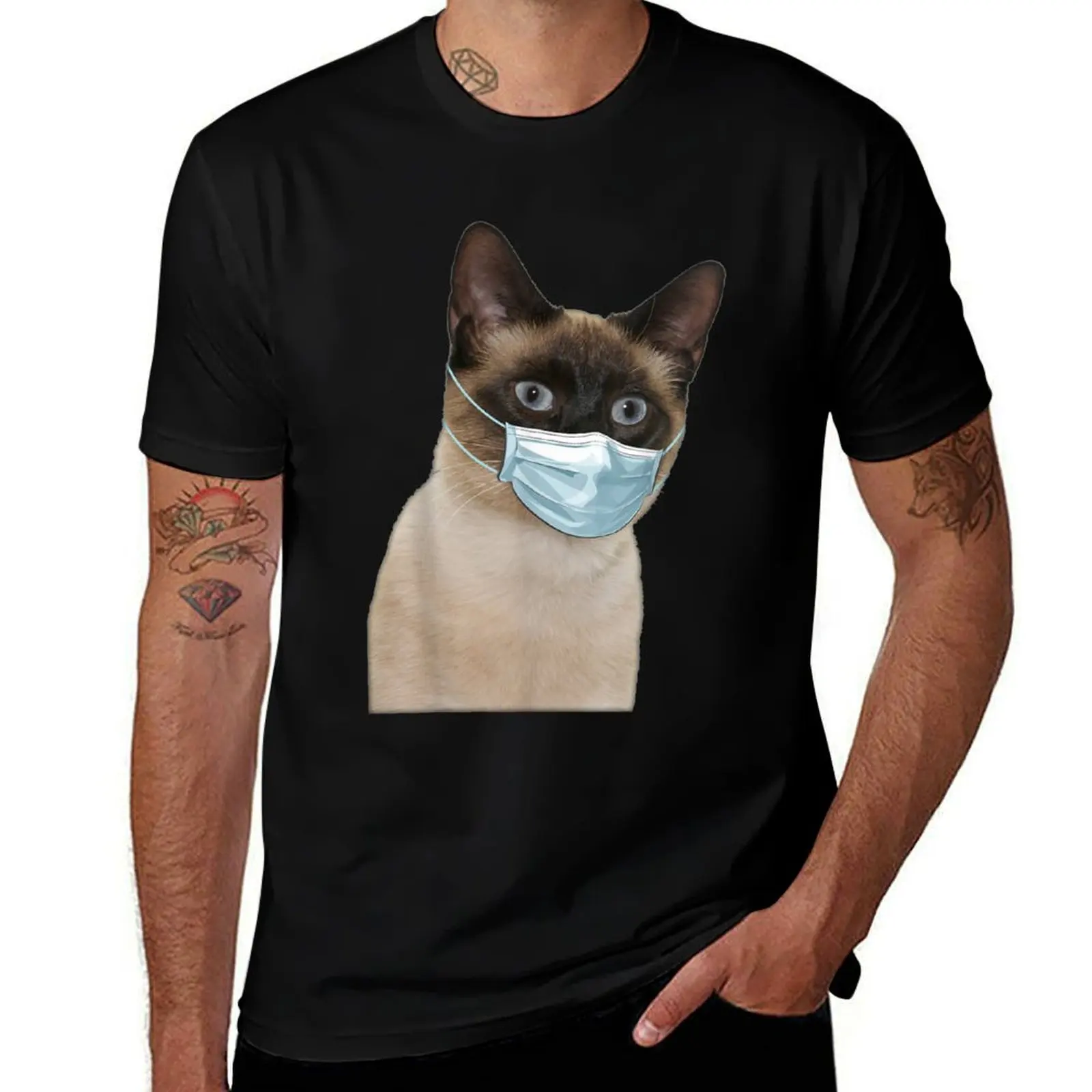 Siamese Cat Wearing Cat Face Mask Love Siamese Funny Gift T-Shirt Heavy Duty Casual Work Tee