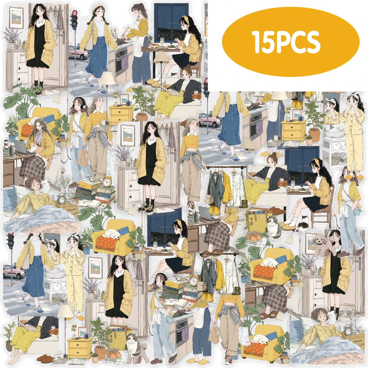 

Etori Life Home Moment 15Pcs Warm Yellow Vitality Hand-Drawn Stickers Healing Atmosphere Journaling Materials for Laptops, Phone Stickers, Photo Albums, Children's Gift Bags, Office Decoration Accessories, Pencil Cases, DIY Diaries, Student Gift Bags, Sch