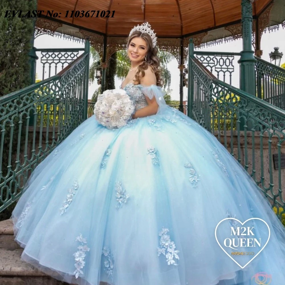 EVLAST мексиканское ярко-розовое платье Quinnceanera, бальное платье, Кружевная аппликация, украшенная бисером, женское платье 16 дюймов, платья для 15 лет SQ469