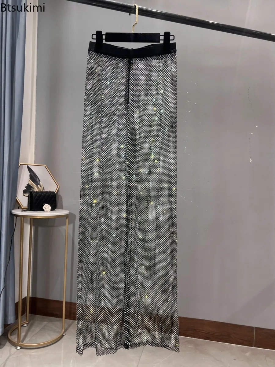 Women Y2K Sexy Cutout Mesh Straight-leg Pants Sparkling Rhinestone High‑Stretch Fashion Club Nightparty Glitter Long Trousers