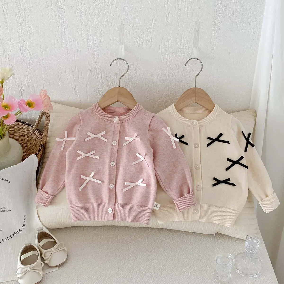 Baby Clothing Fashion Long Sleeve Knitted Cardigan Coat 2024 Children New Autumn Sweater Girl Baby Sweet Bow Design Sense Top