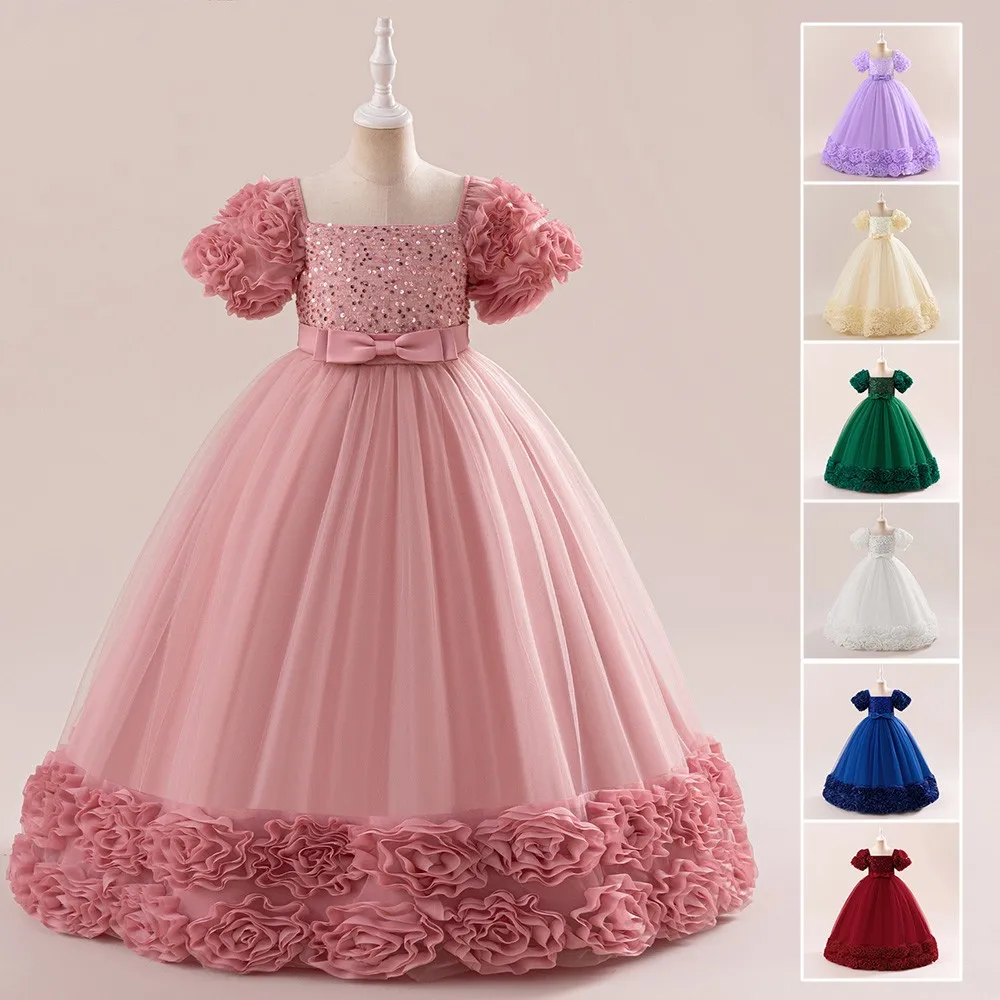 

New Summer Girls Bubble Sleeves Princess Dress Elegant Flower Bud Sequin Bow Mesh Prom Gown Fashion Kids Girl Ball Gown ﻿