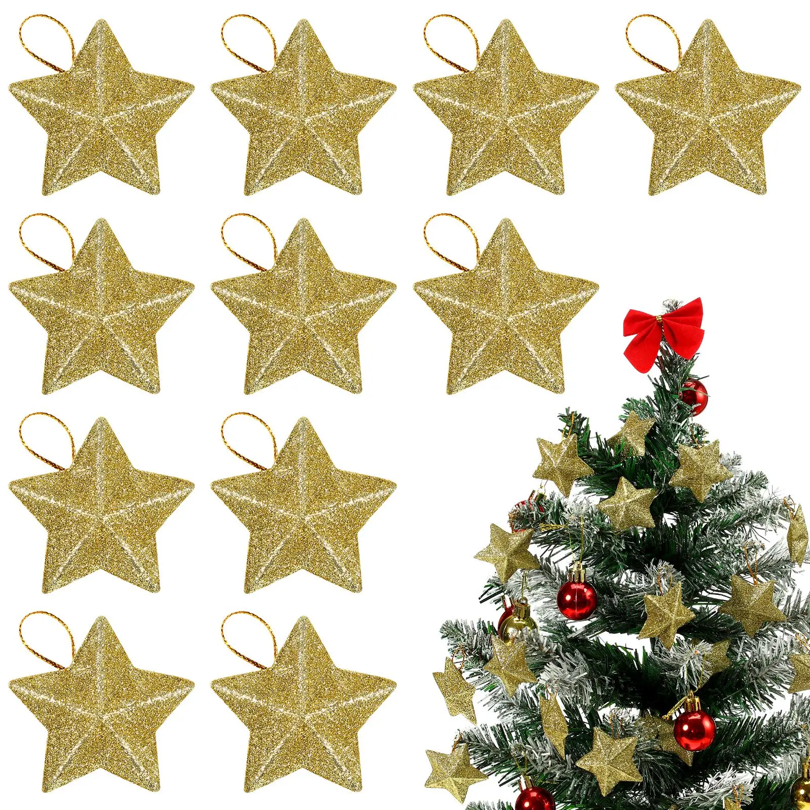 30pcs Glitter Star Ornaments Christmas Tree Pendant Plastic Christmas Decorations Festive Embellish Party Navidad Decoration