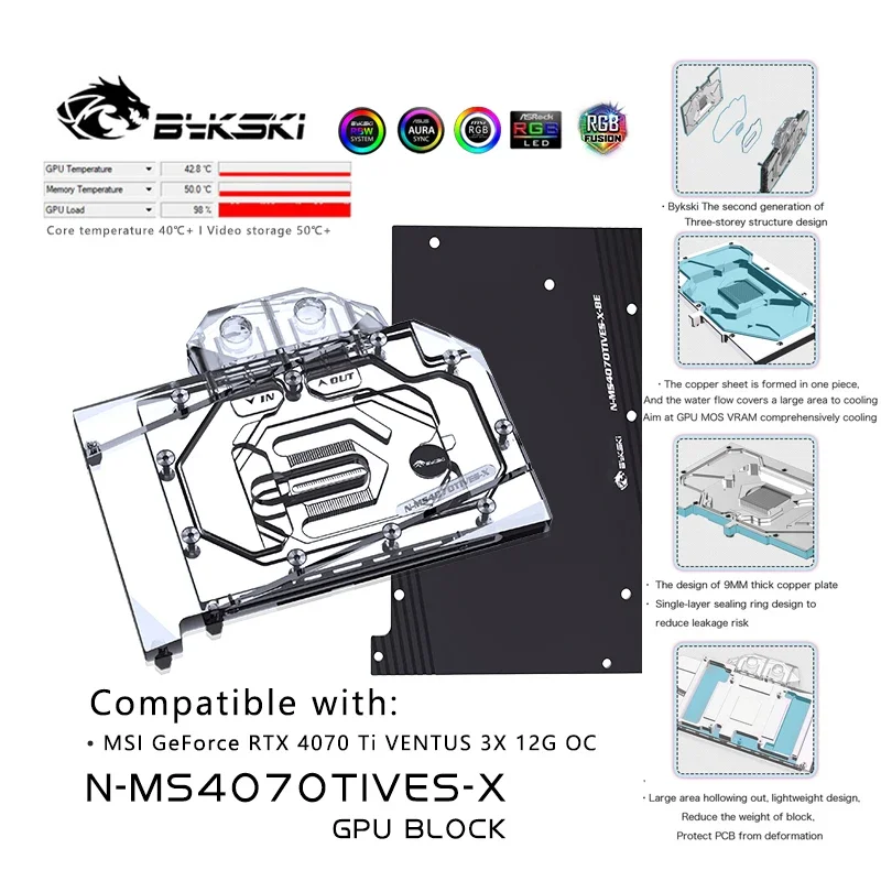 Bykski GPU Water Block For MSI GeForce RTX 4070 Ti Ventus 3X 12G OC Graphics Card Copper Radiator N-MS4070TIVES-X