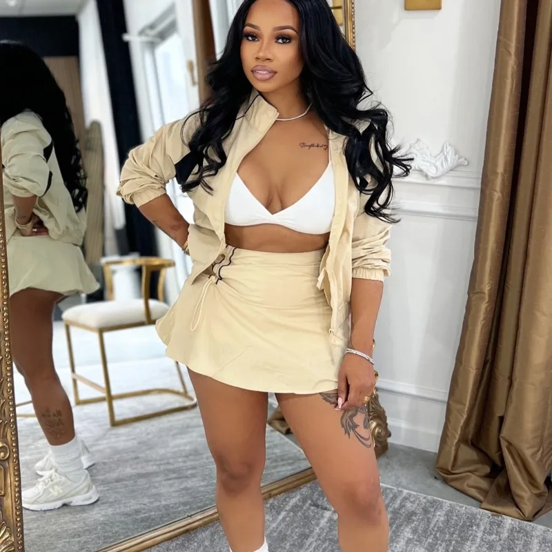 

Women Tracksuits Color Patchwork Casual 2 Piece Set Stand Collar Long Sleeve Zipper Jackets Top + Drawstring Mini Shorts Skirts