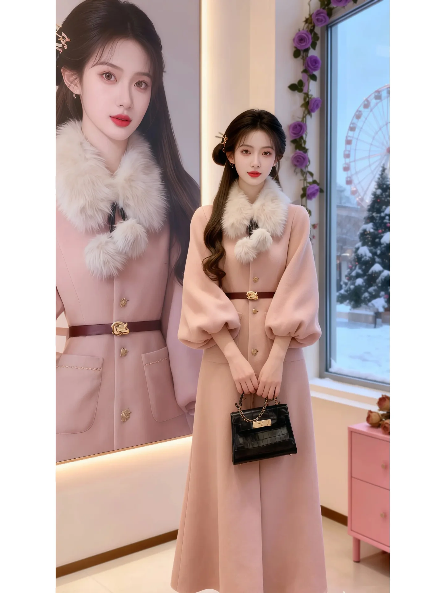 

Ele Lady's Mid-Length Woolen Coat with Fur Collar Waist-Cinching Design Korean Sle Commute Warm Thiened Autumn Winter...