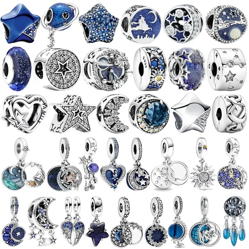 

Hot New Fashion 925 Sterling Silver Plated Moon Star Sun Blue Pendant Fit Women Fine Dangle Bracelet Accessories Bead Charms