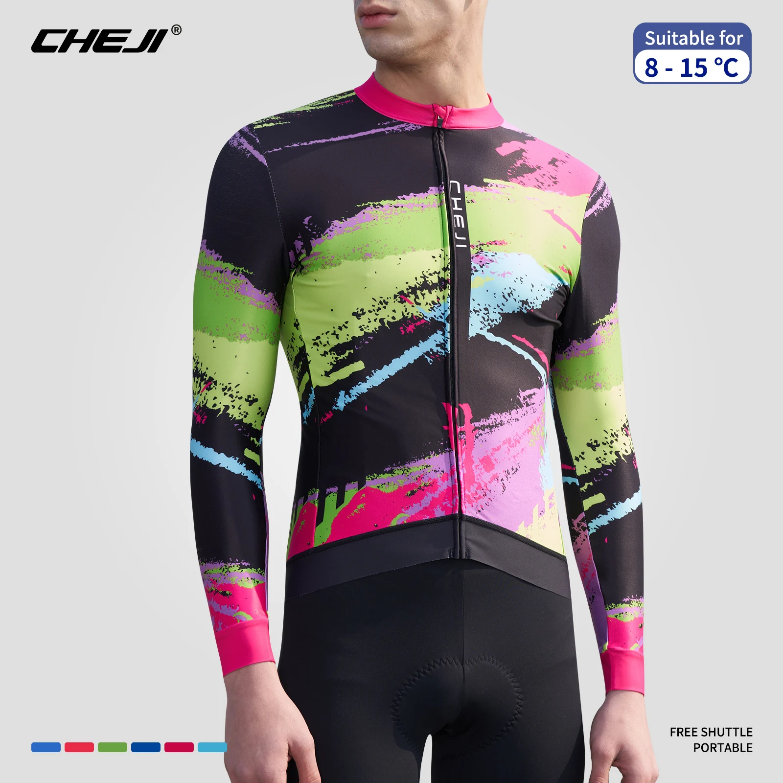 CHEJI Winter Cycling Jerseys Long Sleeves Full-zips Fleece-Lined Clothing Riding Bike Sports for Men Breathable Slim Equipment