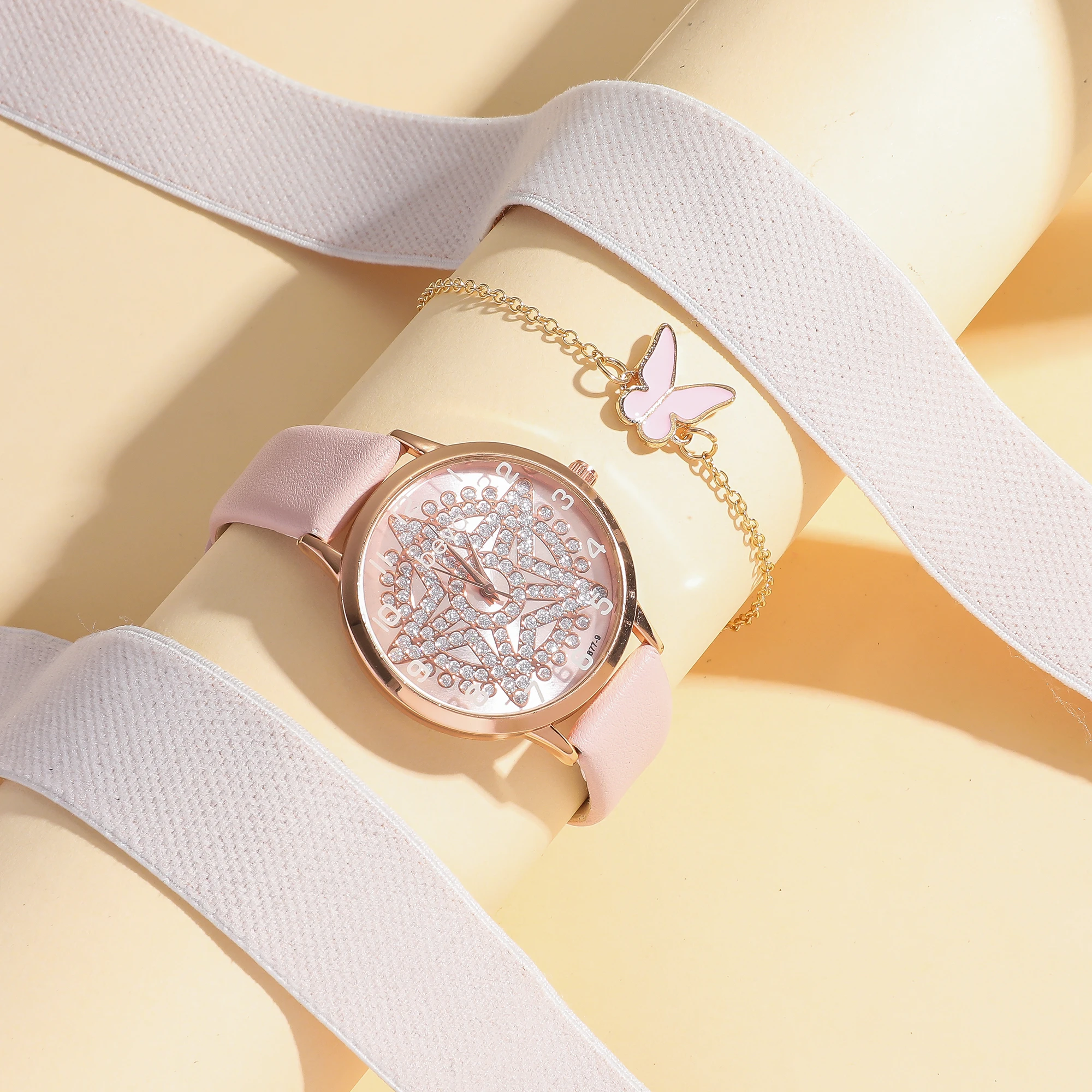 5 قطع/مجموعة ساعات كوارتز بناتي وردية اللون طقم مجوهرات سوار على شكل فراشة؛ مناسبة لتقديم هدايا العيد؛ لا يوجد صندوق هدايا. #3