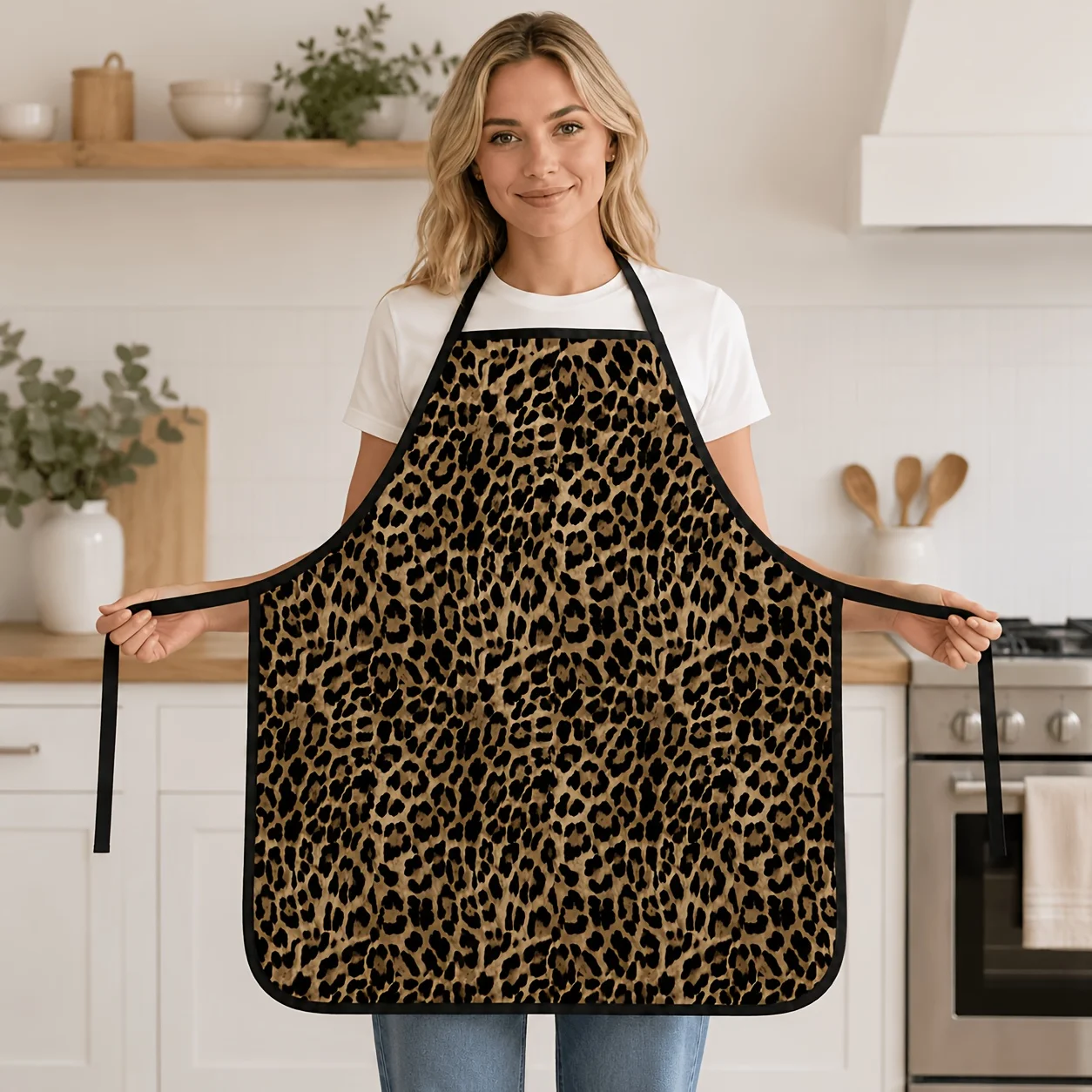 1pc 2D Flat Unisex Leopard Print Cooking Apron, Trendy Kitchenware Gift for Baking, BBQ and Household Work
