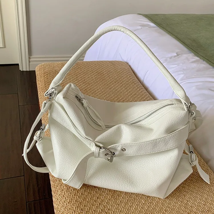 PU leather large-capacity motorcycle bag, hand shoulder bag, underarm bag, commuter crossbody tote bag