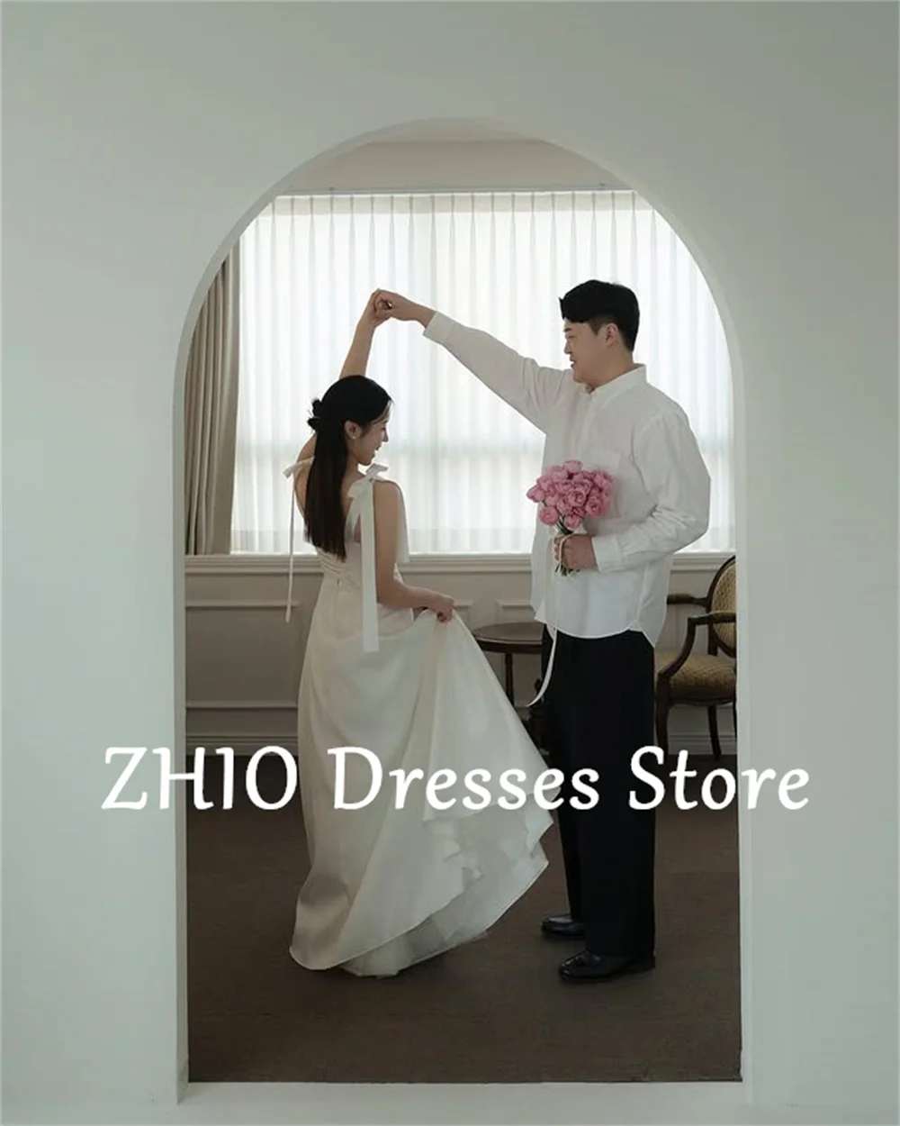 ZHIO Elegant Bow Strap A-line Sleeveless Wedding Dresses Korea Women Party Floor Length Bridal Gowns Customized Simple 웨딩드레스