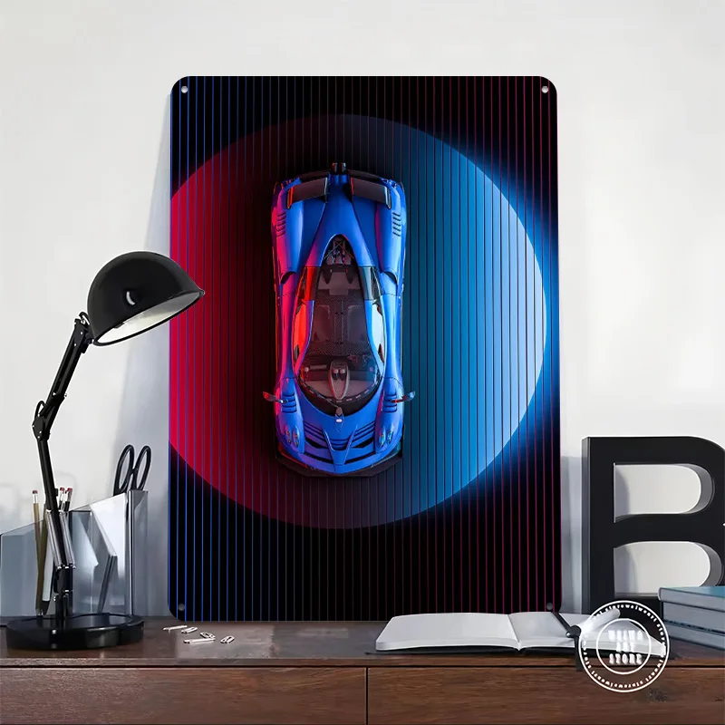 Blue Sports Car With Neon Lighting Metal Poster Customized Wall Art Retro Vintage Tinplate Signs for Man Cave Desk Decor Room