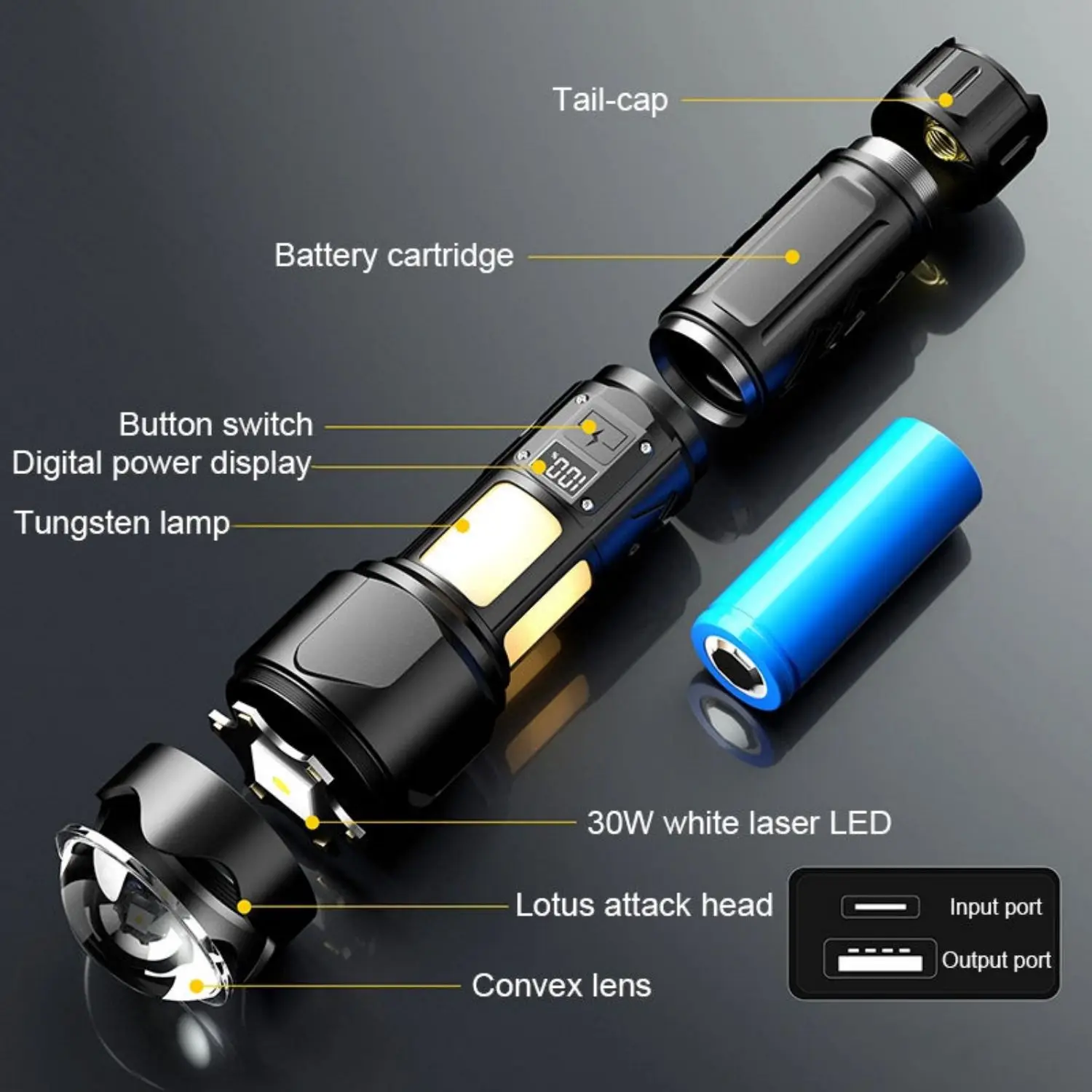 ASORT New High Quality 30W Long Range 1000m Camping Light 7 Lighting Modes USB Input and Output Zoomable LED Flashlight