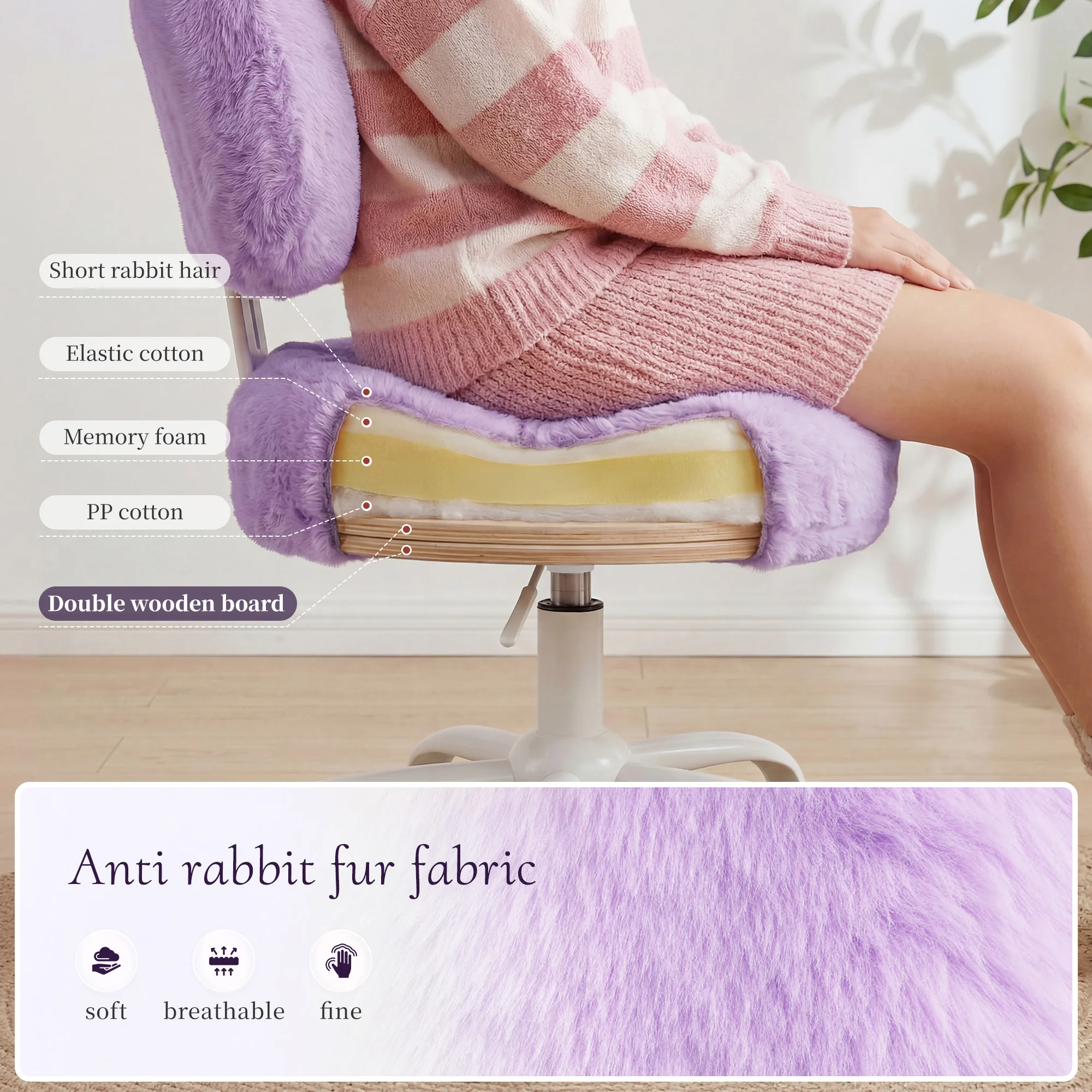 EnHomee  Cute Bow Back Vanity Chair with Wheels, Fluffy Faux Rabbit Fur Desk Chair, Height Adjustable Ergonomic Computer Chair, Portable Makeup Chair for Bedroom Dorm Home Office view 6