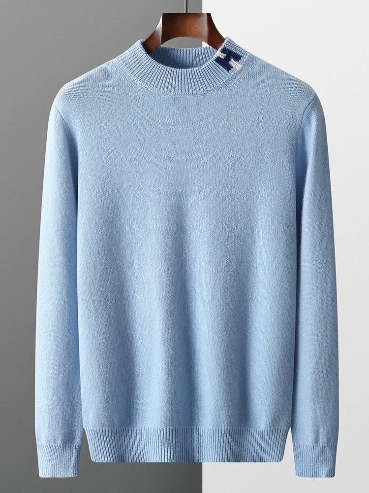 Men Sweater Pullover Thick Cashmere Autumn Winter 100% Merino Wool Knitwear Mock Neck Letter Style Smart Casual Long Sleeve Tops