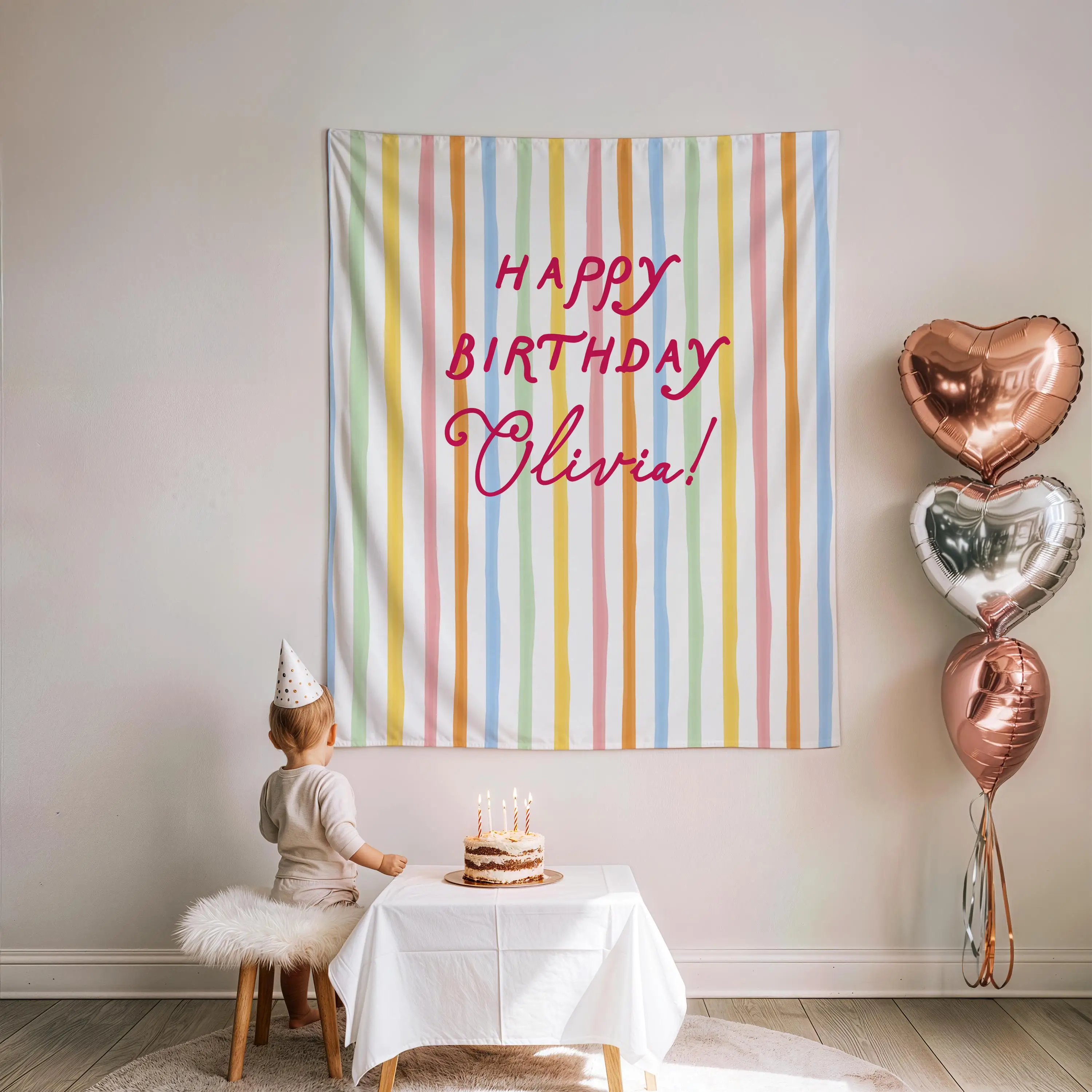 Happy Birthday Backdrop, Whimsical Personalized Girls Birthday Banner, Colorful Large Fabric Flag S1013