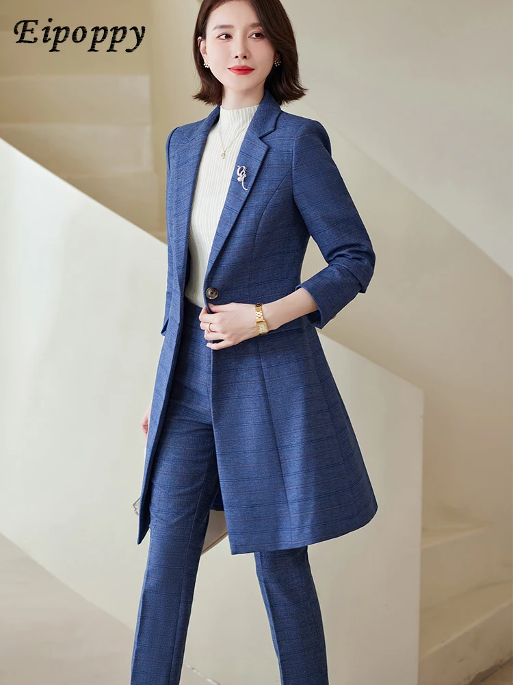 Women Work Business Wear Pant Suit Red Blue Black Coffee Plaid Long Blazer 2 Pieces Set Female Office Ladies Jacket and Trouser