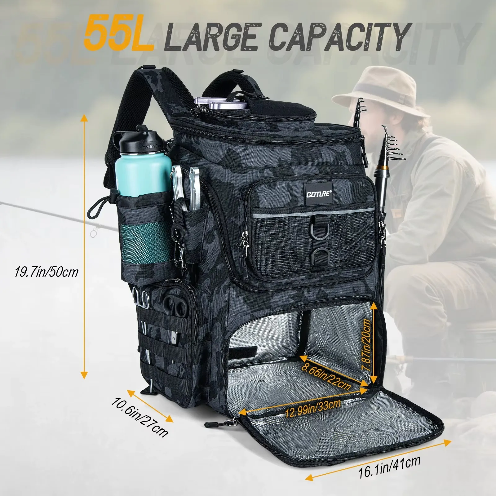 Goture Mochila de Pesca Impermeable con Soporte para Cañas
