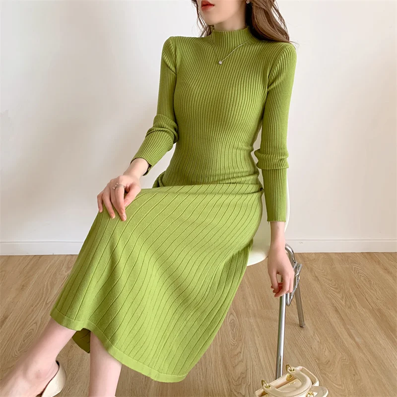 Autumn Winter 2024 Slim Long Sleeve Party Midi Dress for Women Knitted Half High Collar Elegant Knitted Sweater Dresses Ladies